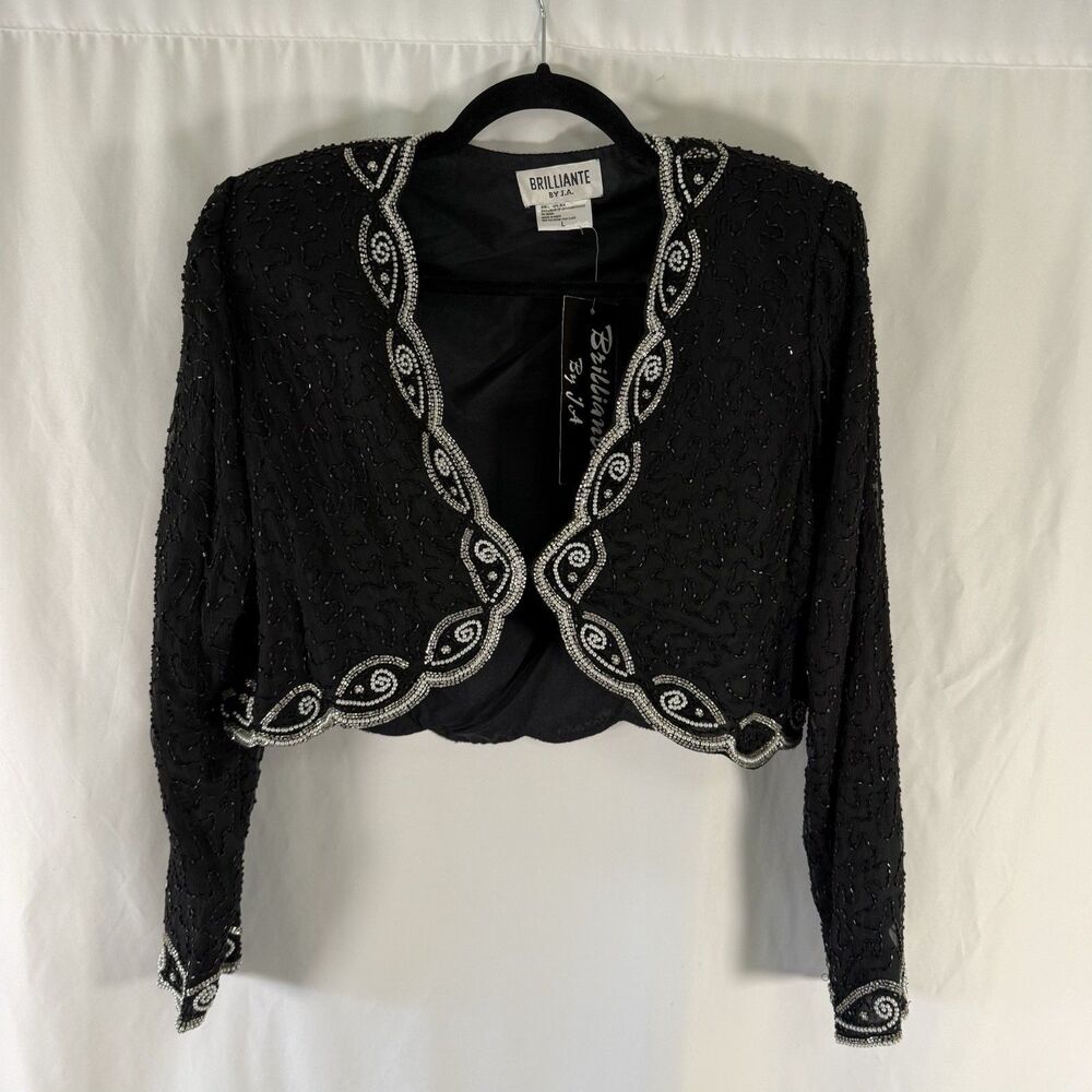 New Brilliante Silk Jacket Women's Large Black Beaded Semi Sheer Shoulder Pads